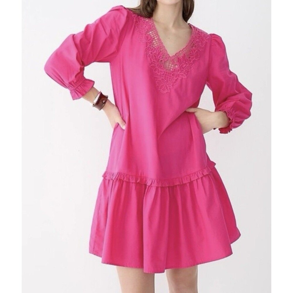 J. Crew Hot Pink NWT  V-Neck Mini Dress with Eyelet Trim Size XS